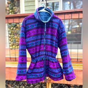 Vintage CB Sports Reversible Jacket. Fly, bright Patterned Fleece/Navy Blue.